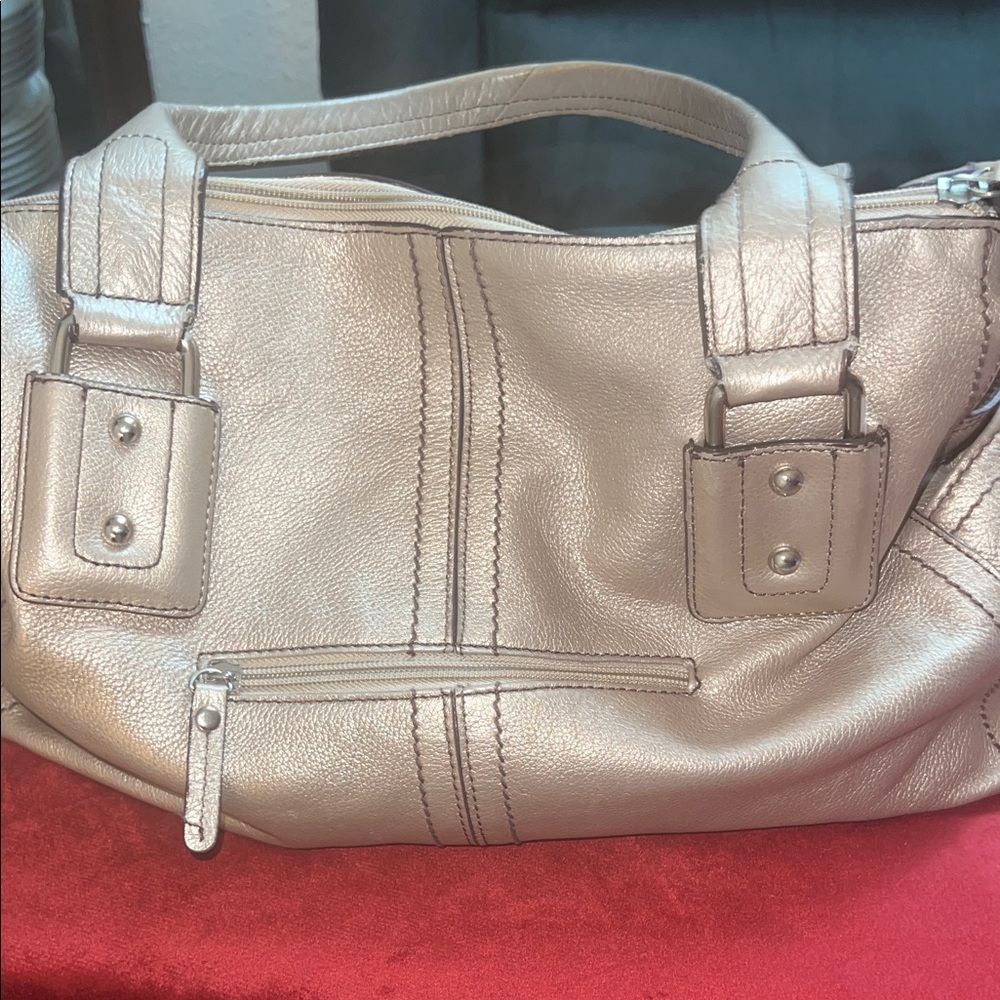 Metallic Beige Women’s Leather Handbag - Classic Shoulder Bag